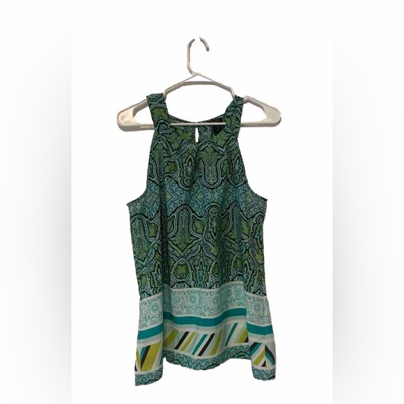 Ann Taylor Top Womens 12 Green Paisley Border Print Sleeveless Scoop Neck Boho - Picture 1 of 7